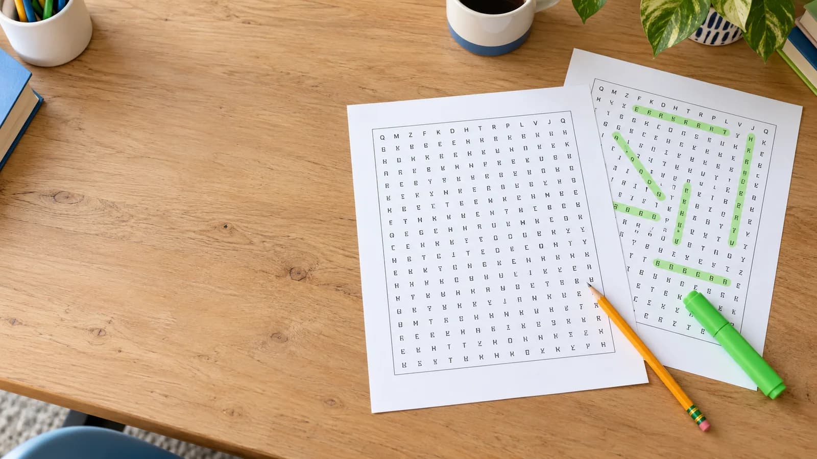 Printed classroom word search worksheet and answer key on a teacher desk